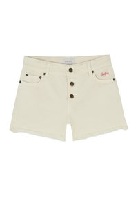 Pantalones cortos de mezclilla beige con dobladillo deshilachado, cierre frontal de botones, bolsillos delanteros y logotipo bordado "Scalpers" en rojo en el bolsillo derecho.