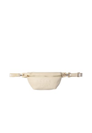 Beige leather waist bag with zipper closure, adjustable strap, and embossed "SOCCX ORIGINAL BRAND" logo on front.