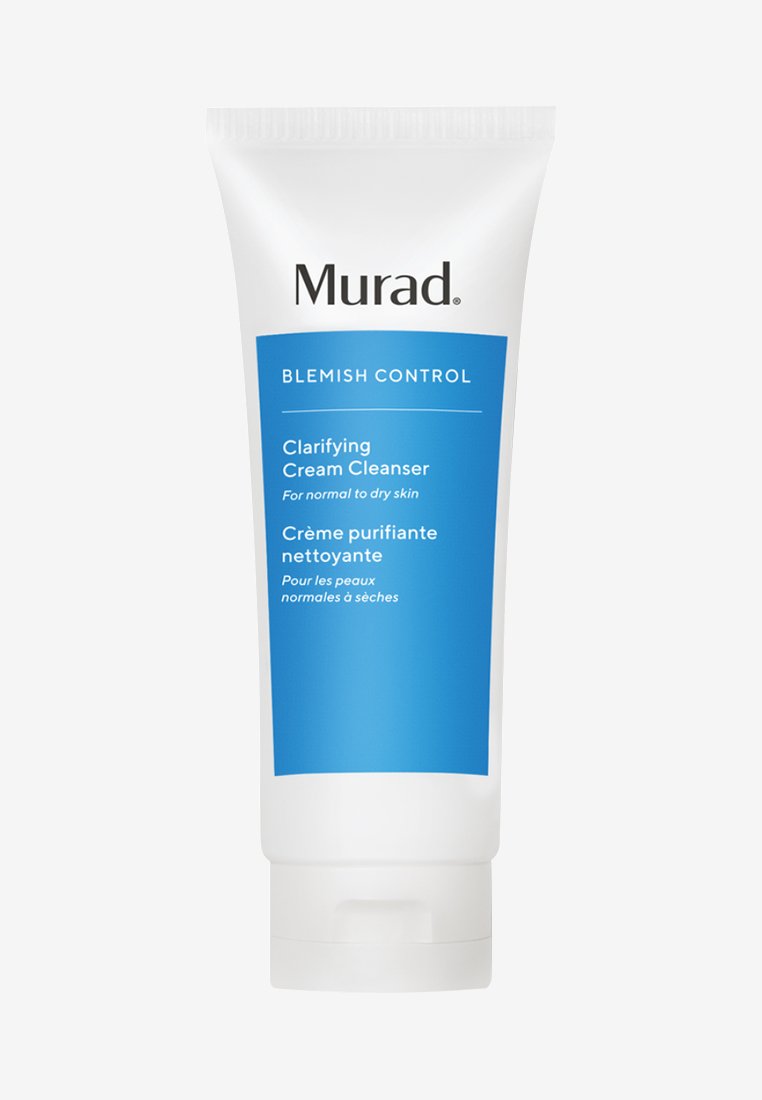 Tube souple blanc avec des accents bleus, étiqueté "Murad Blemish Control Clarifying Cream Cleanser" pour les peaux normales à sèches.