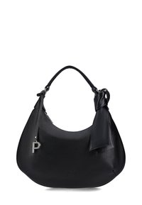 Sac à main en cuir noir avec une forme courbe, une surface texturée et une sangle frontale nouée. Présente un accent de logo en argent. Fermeture zippée.