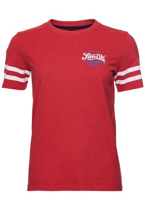 Red cotton t-shirt with short sleeves, featuring white stripes on cuffs and a blue logo print on the chest. Classic crew neckline.
