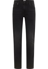 Czarne jeansy z denimu o prostych nogawkach. Posiadają pięć kieszeni, metalowy guzik oraz subtelne przetarcia na fakturze materiału.