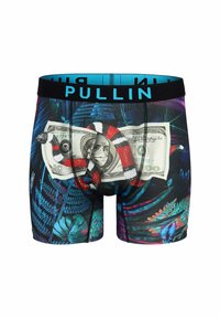 Boxers pour hommes avec un motif de feuilles tropicales sombres et un graphique d'un serpent rouge, blanc et noir enroulé autour d'un billet de cent dollars.