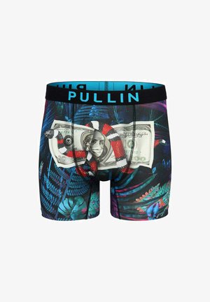 Boxers pour hommes avec un motif de feuilles tropicales sombres et un graphique d'un serpent rouge, blanc et noir enroulé autour d'un billet de cent dollars.