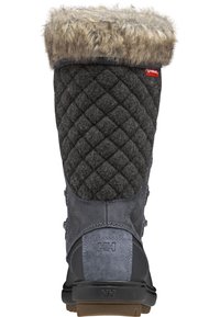 Grijze winterlaars met een gequilt bovendeel van vilt en een nep bontrand. Beschikt over een rubberen zool en contrasterende texturen op het lichaam en de hak.