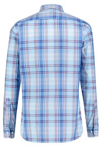 Blue plaid long-sleeve shirt with varying shades of blue, red, and white. Features a button-down collar and cuffs, made of smooth fabric.