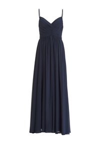 Marineblaues Abendkleid mit Spaghettiträgern, gerafftem Oberteil und fließendem, gefälteltem Rock. Leichter Stoff, bodenlanger Schnitt.