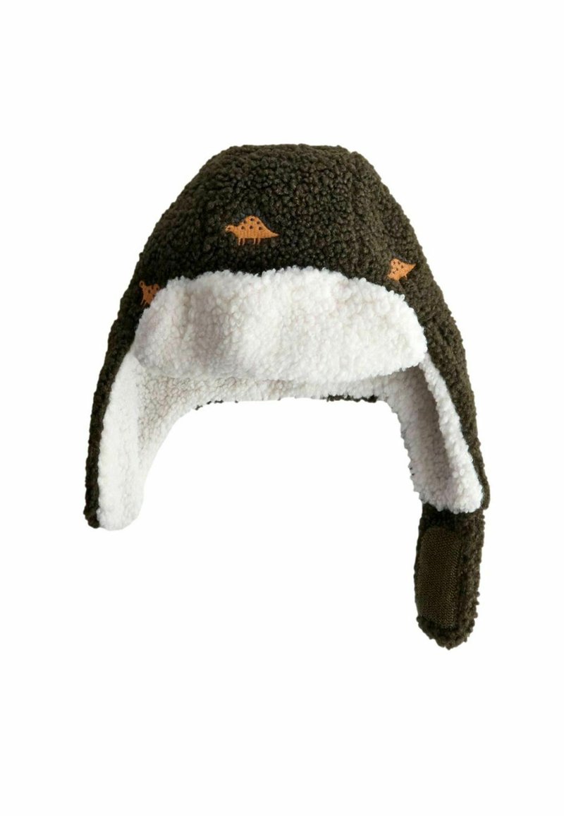 Cappello in pile marrone con rivestimento bianco, decorato con piccoli modelli di dinosauri arancioni. Include alette per le orecchie per ulteriore calore e protezione.