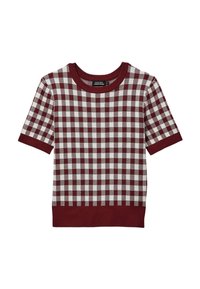 T-shirt tricoté à manches courtes à carreaux rouges et blancs avec un col rond côtelé et un ourlet côtelé assorti. Le matériau semble doux et texturé.