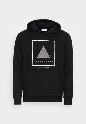 Czarna bluza z kapturem i przednią kieszenią, biała grafika w kształcie kwadratu i trójkąta, napis "JACK & JONES" oraz regulowane troczki na kapturze.