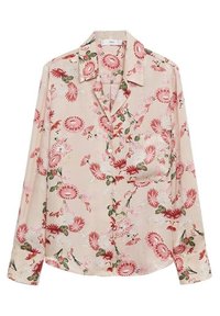 Chemise à boutons florale en beige clair, ornée de motifs de fleurs rouges et roses, manches longues, col, et une poche unique à l'avant.