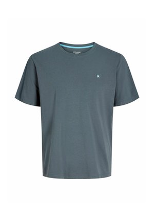 T-shirt gris à manches courtes en tissu doux, avec un col rond et un petit logo bleu sur la poitrine.