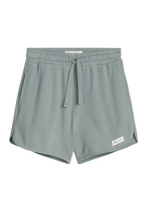 Jasnoszare szorty z elastyczną talią i sznurkiem, boczne kieszenie, zakrzywiony brzeg oraz mała prostokątna metka marki na lewej nogawce.