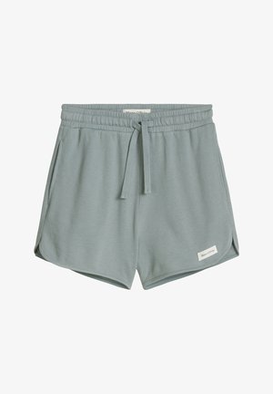 Jasnoszare szorty z elastyczną talią i sznurkiem, boczne kieszenie, zakrzywiony brzeg oraz mała prostokątna metka marki na lewej nogawce.