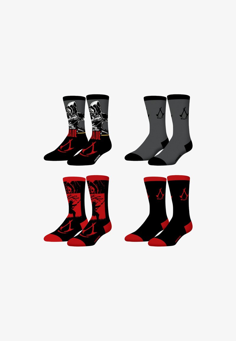 Quatre paires de chaussettes de randonnée : noires et grises avec des motifs graphiques, rouges et noires avec des motifs contrastés ; en mélange de coton, longueur mi-mollet.
