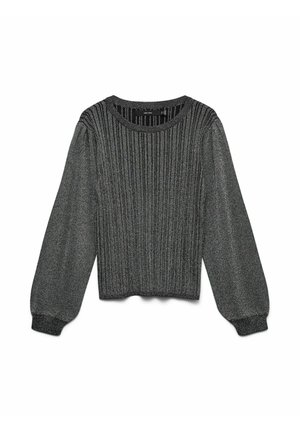 Grå ribbet striktrøje med lange puffærmer, rund halsudskæring og tekstureret stof. Har en cropped pasform og subtil glans.