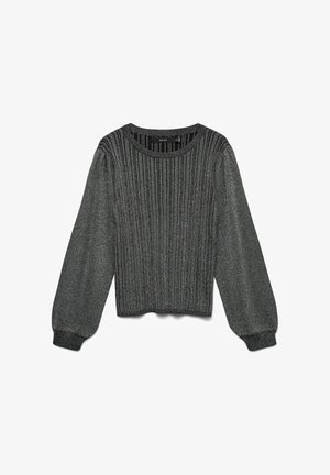 Grå ribbet striktrøje med lange puffærmer, rund halsudskæring og tekstureret stof. Har en cropped pasform og subtil glans.