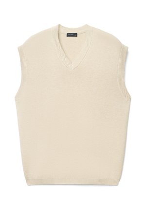 Ärmelloser, cremefarbener Pullover mit V-Ausschnitt aus weichem Strickmaterial, mit gerippten Akzenten am Halsausschnitt und Saum.