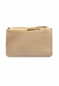 Beżowa skórzana torba z dwiema kieszeniami na zamek, prostokątny kształt, gładka tekstura i widoczne przeszycia wzdłuż krawędzi.