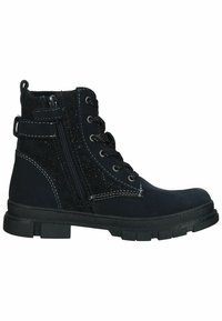 Schwarze Ankle Boots aus Wildleder mit strukturiertem Finish, ausgestattet mit einer Schnürung an der Vorderseite, einem seitlichen Reißverschluss und einer robusten Gummisohle.