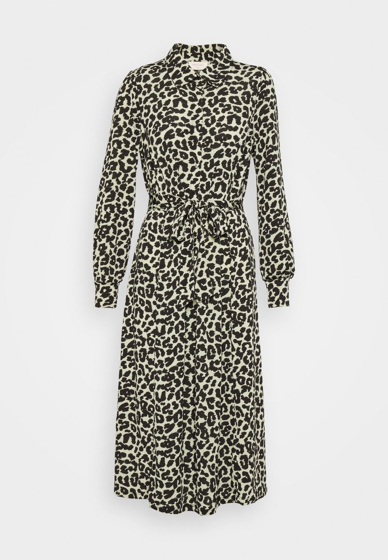 Robe midi à manches longues avec imprimé léopard noir et beige, col, fermeture boutonnée sur le devant et ceinture à nouer à la taille.