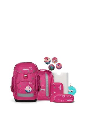 Pink school backpack set with star patterns, includes lunch bag, pencil case, folder, four unicorn badges, and a blue fluffy keychain.