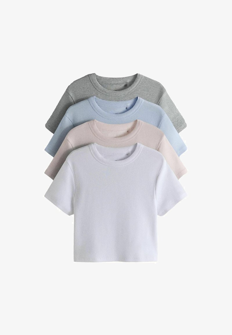 Four plain short-sleeve crew neck t-shirts layered, in white, beige, light blue, and grey colors on a white background.