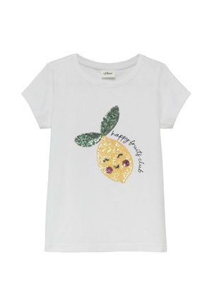 Wit T-shirt met korte mouwen met een glimlachende citroen met pailletten en groene bladeren, tekst "happy fruits club" middenvoor.