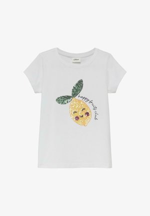 Biała koszulka z krótkim rękawem z cekinowym uśmiechającym się cytrynem i zielonymi liśćmi, tekst "happy fruits club" na środku z przodu.