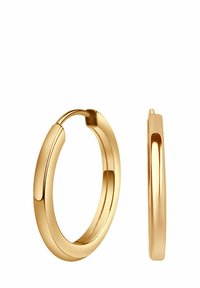 Złote kolczyki w kształcie kółek o gładkiej, wypolerowanej powierzchni, charakteryzujące się zaokrąglonym kształtem i bezpiecznym zapięciem. Elegancki i minimalistyczny styl.