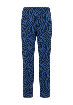 Blue leggings featuring a bold black zebra stripe pattern, made from a soft, stretchy fabric with a comfortable elastic waistband.