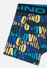 Herren Boxershorts mit einem bunten grafischen Design, das blaue, gelbe und graue Schrift auf einem schwarzen Grund zeigt. Weicher Stoff und elastischer Bund.