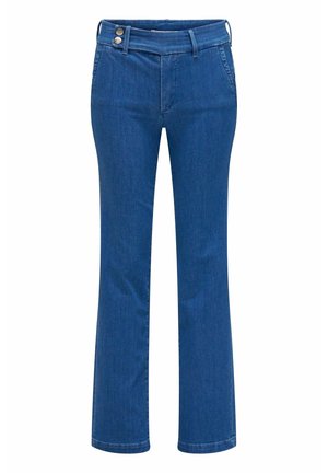 Jean bootcut en denim bleu avec taille haute, fermeture double bouton et poches avant.