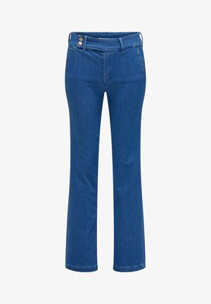 Jean bootcut en denim bleu avec taille haute, fermeture double bouton et poches avant.