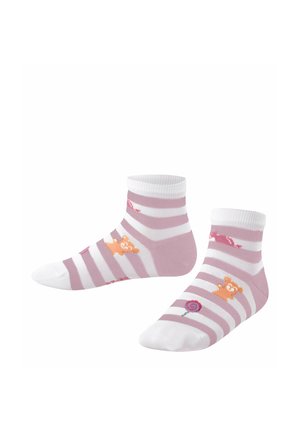 Różowo-białe skarpetki za kostkę w paski z pomarańczowymi wzorami misia i lizaka po bokach.