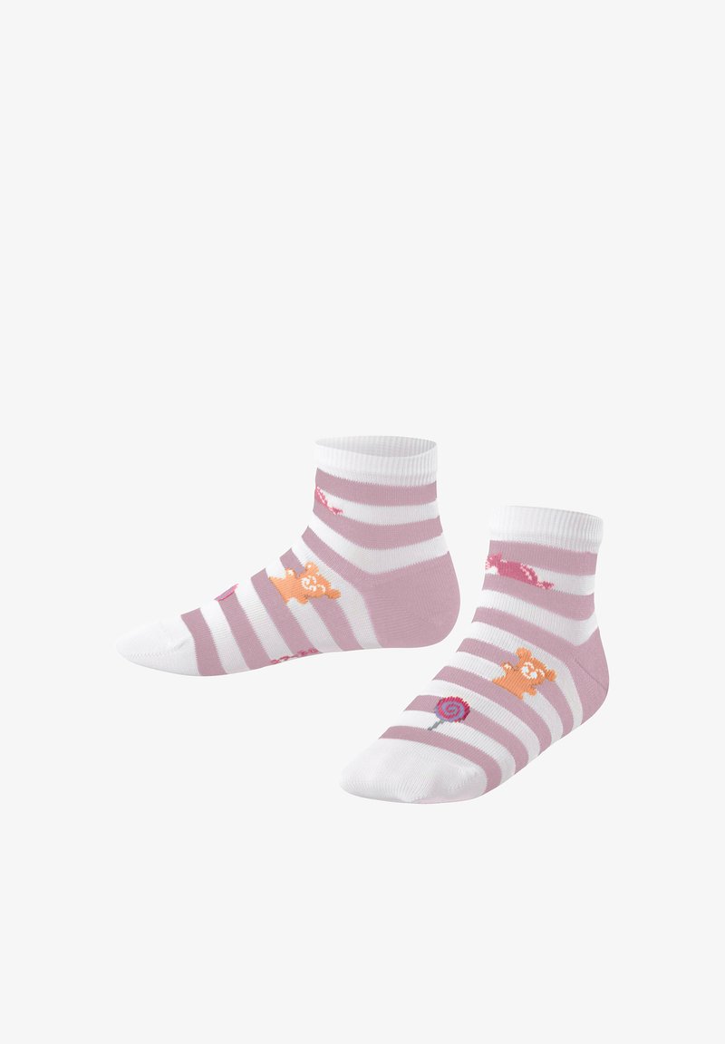 Różowo-białe skarpetki za kostkę w paski z pomarańczowymi wzorami misia i lizaka po bokach.