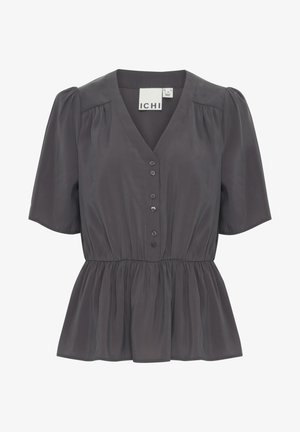 Graue Peplum-Bluse mit V-Ausschnitt, kurzen Puffärmeln, Knopfverschluss vorne und gerafftem Taillenbereich für eine ausgestellte Silhouette.