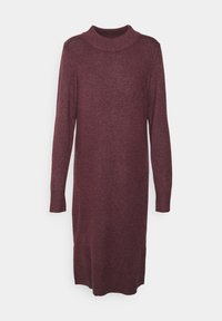 Robe-pull tricotée bordeaux, longueur genoux, manches longues, avec un col montant rond et des poignets et un ourlet côtelés.