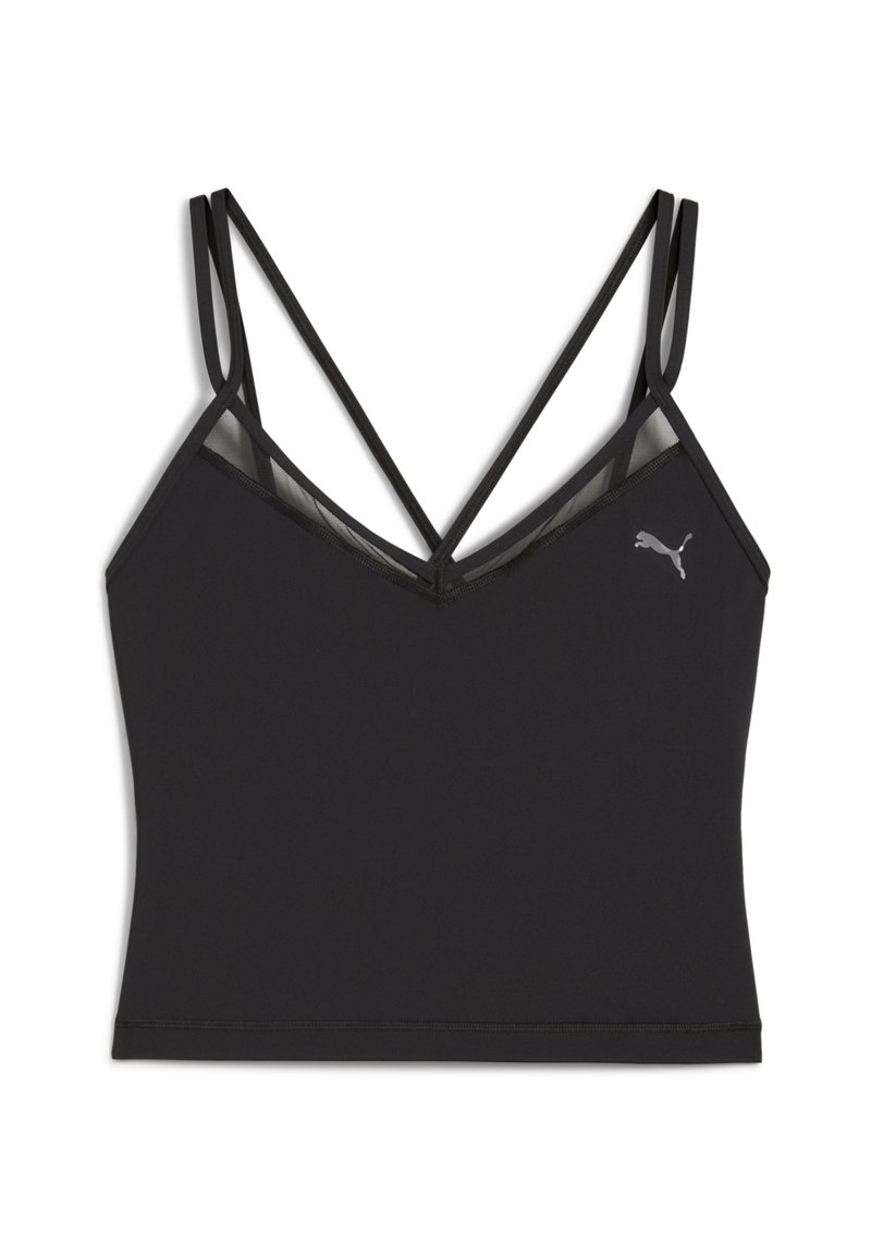 Soutien-gorge de sport noir avec un design en V, doté de bretelles spaghetti ajustables et d'un logo Puma bien visible sur le côté gauche. Le matériau est lisse.