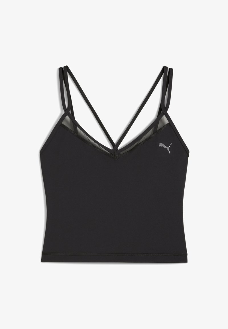 Fekete sportmelltartó V-nyakú kialakítással, állítható vékony pántokkal és egy jól látható Puma logóval a bal oldalon. Az anyag sima.