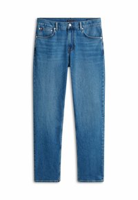 Blaue Jeans aus Denim mit geradem Bein, ausgestattet mit einem vorderen Knopfverschluss, fünf Taschen und subtilen Auswaschungen.