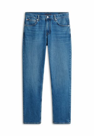 Blauwe denim jeans met een recht gesneden ontwerp, voorzien van een voorknoopsluiting, vijf zakken en subtiele vervaagde details.