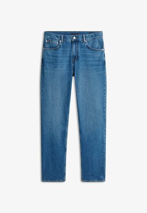 Blauwe denim jeans met een recht gesneden ontwerp, voorzien van een voorknoopsluiting, vijf zakken en subtiele vervaagde details.