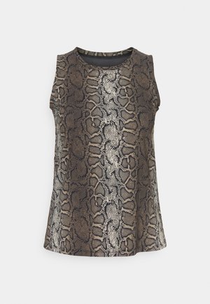 Haut sans manches à motif serpent marron, noir et beige avec encolure ronde sur fond blanc.