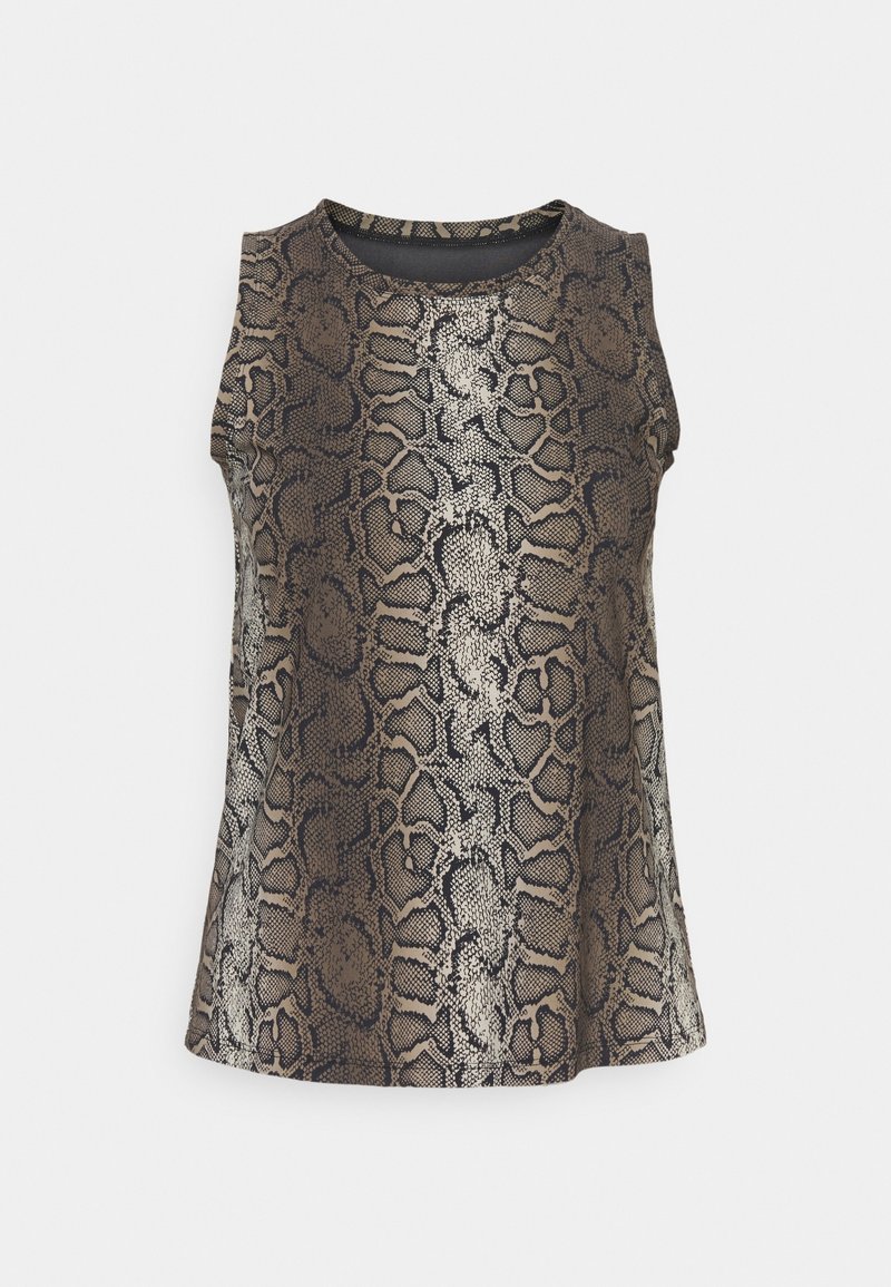 Haut sans manches à motif serpent marron, noir et beige avec encolure ronde sur fond blanc.