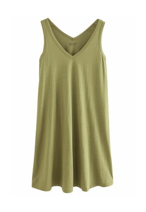 Robe sans manches vert olive avec un décolleté en V. Fabriquée en tissu doux, elle présente une coupe évasée et une texture lisse. Design simple et minimaliste.
