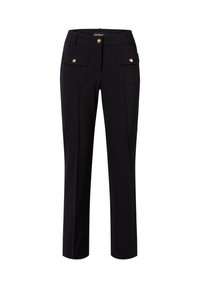Schwarze Hose mit schlanker Passform, glattem Stoff, zwei Fronttaschen und goldfarbigen Knopfdetails am Bund und an den Taschen.
