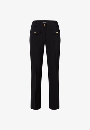 Pantalons noirs avec une coupe slim, un tissu lisse, deux poches avant et des détails de boutons dorés sur la taille et les poches.