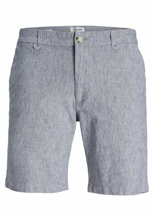Lys grå shorts lavet af et tekstureret stof, med en frontlukning med knap og bæltestropper. Designet inkluderer sidelommer.