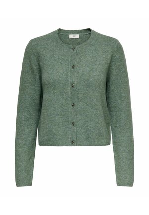 Grüner gestrickter Cardigan mit rundem Halsausschnitt, Knopfverschluss auf der Vorderseite und langen Ärmeln. Der Stoff hat eine weiche Textur und subtile Farbvariationen.